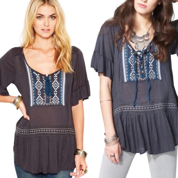 Free People Embroidered Lace up Tunic Top Flowy Short Sleeve Gray Blue Womens M - Picture 1 of 9